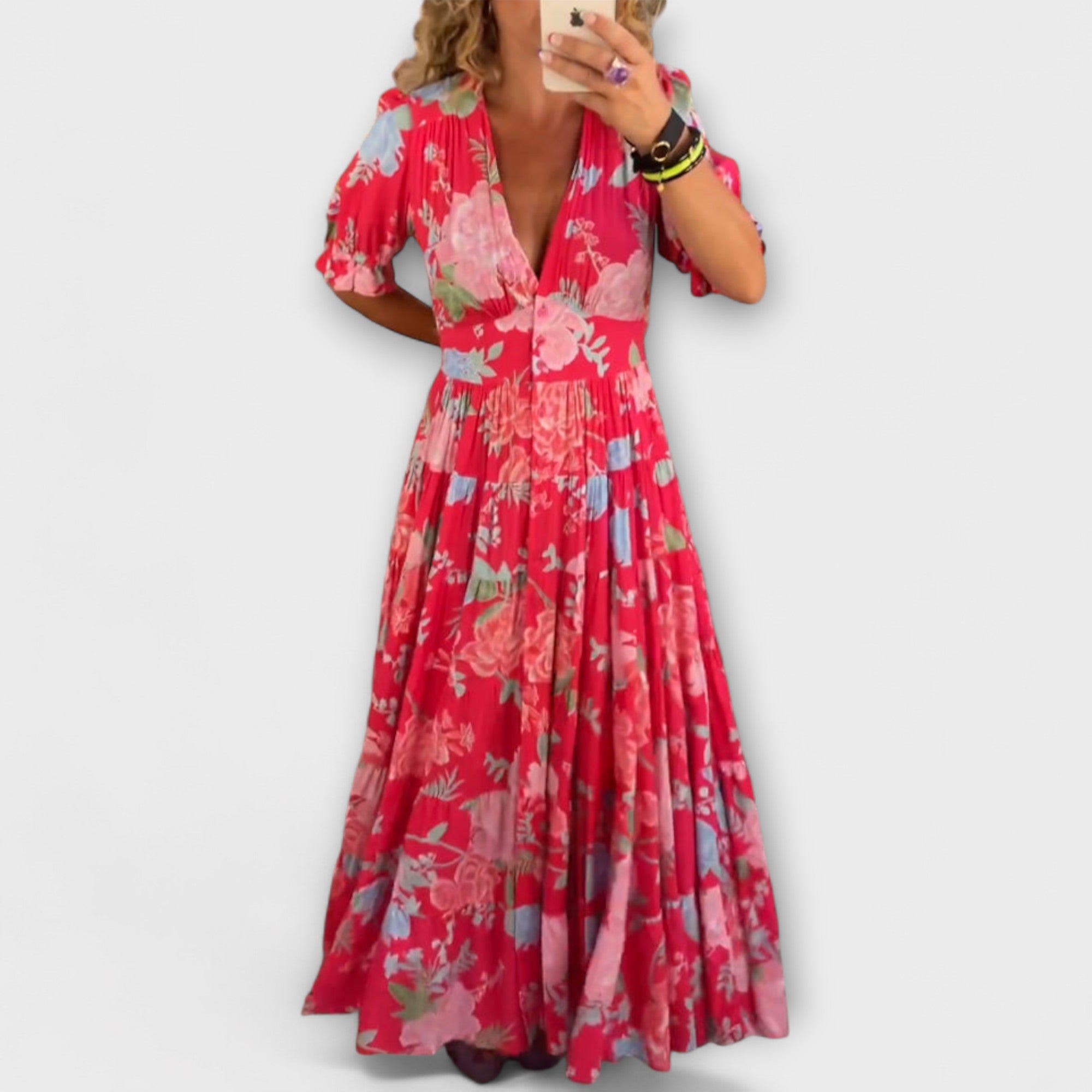 Catrisa | Virágmintás V-nyakú ruha zsebekkel