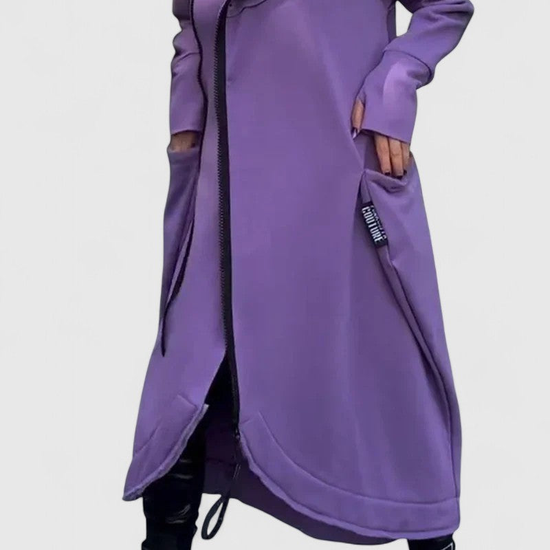 Zita | Hosszú kabát kapucnival cipzárral