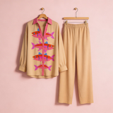 Evalisse | Rózsaszín halmintás lenruha szett